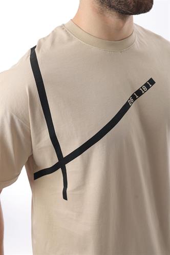 Bej Bisiklet Yaka Şerit Detaylı Pamuklu Erkek T-shirt E7033