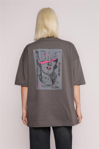 Füme Baskılı Oversize Tişört MG1491