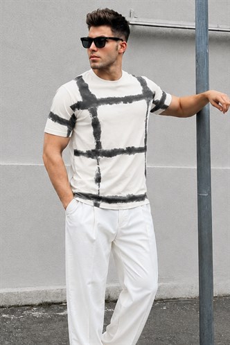 Ekru Bisiklet Yaka Baskılı Basic Erkek T-shirt E7109