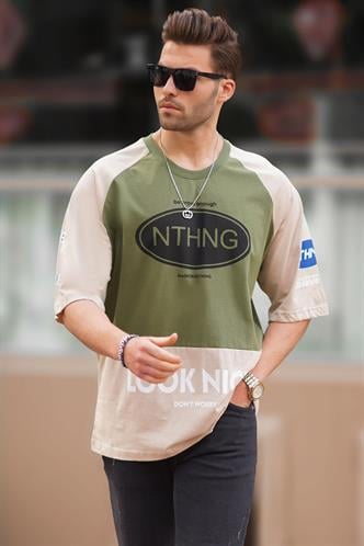 Haki Bisiklet Yaka Renk Bloklu Baskılı Erkek Tişört 7027