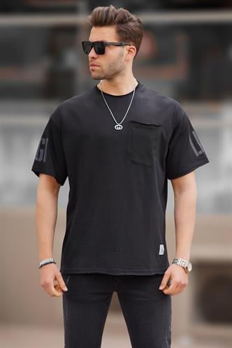 Siyah Cep Detaylı Kolu Baskılı Basic Erkek Tişört 7016
