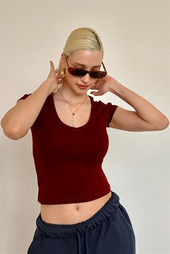Bordo V Yaka Basic Kadın Tişört Mg2450