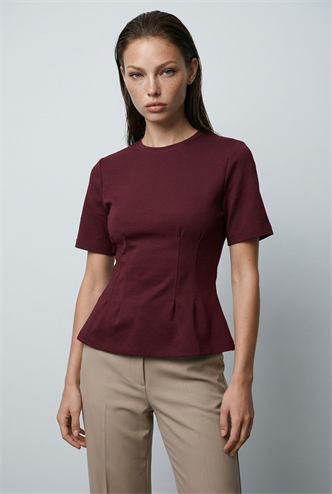 Bordo Kadın Bisiklet Yaka Belden Oturtmalı Basic Tişört MG2670