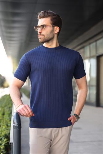 Lacivert Bisiklet Yaka Triko Erkek Tişört E7460