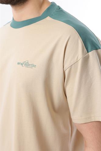 Madmext Bej Bisiklet Yaka Baskılı Erkek Tişört E7114