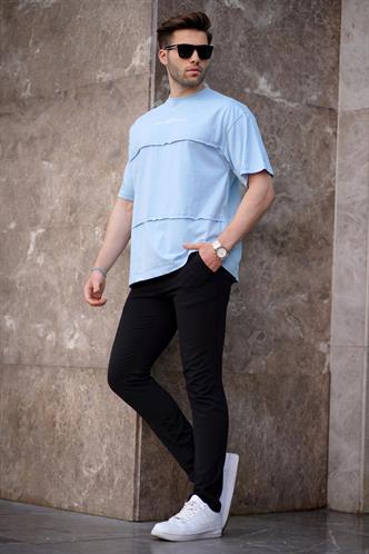 Mavi Oversize Baskılı Bisiklet Yaka Tişört 7017