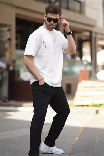 Ekru Bisiklet Yaka Baskılı Kısa Kollu Overfit Tişört 7036