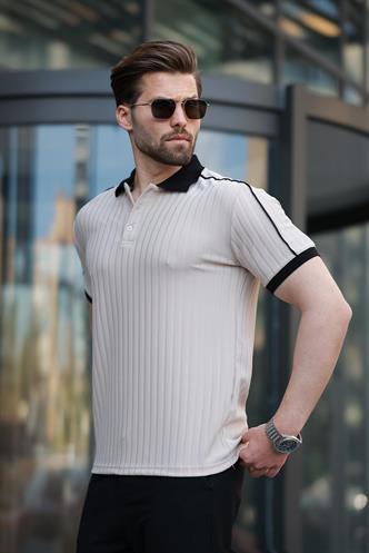 Bej Desenli Polo Yaka Triko Erkek Tişört E7155