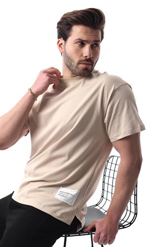 Bej Bisiklet Yaka Pamuklu Arma Deyatlı Overfit Tişört 7019