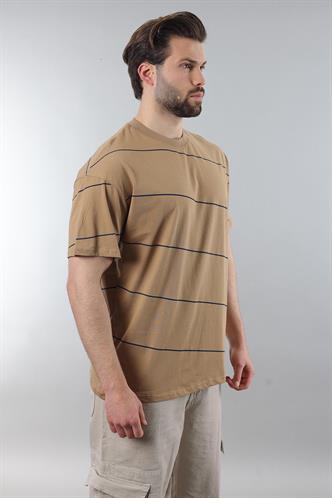 Kapuçino Bisiklet Yaka Basic Çizgili Erkek T-shirt E7102