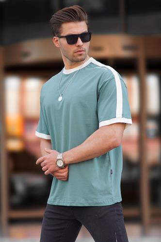 Erkek Yeşil Oversize Şerit Detaylı Basic Tişört 7023