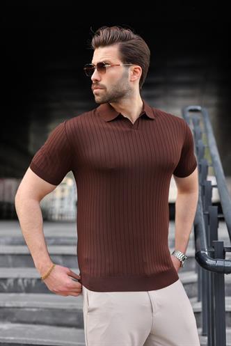Kahverengi Polo Yaka Triko Erkek Tişört E7461