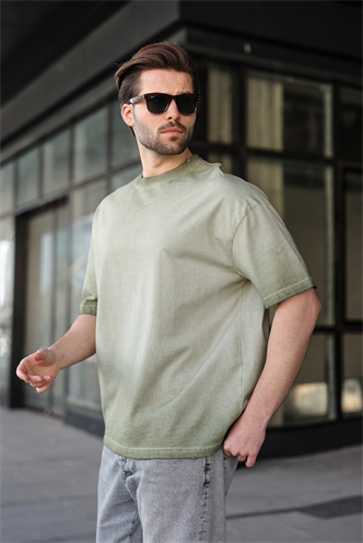 Haki %100 Pamuklu Bisiklet Yaka Oversize Erkek Tişört E7177