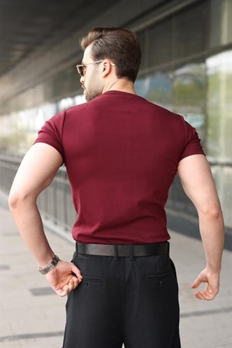 Bordo Yarım Düğmeli Slim Fit Erkek Tişört E7186