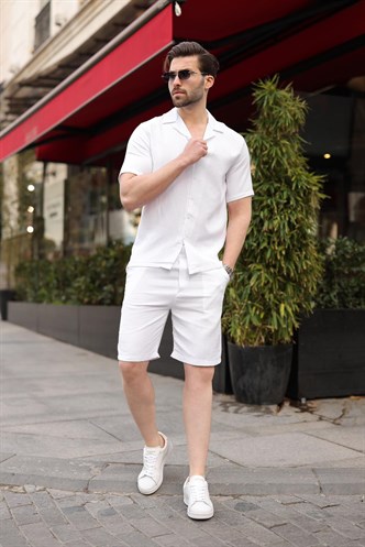 Beyaz %100 Pamuklu Erkek Şort Gömlek Takım E7361