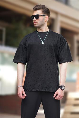 Siyah Oversize Yırtık Deyatlı Pamuklu Tişört 7032