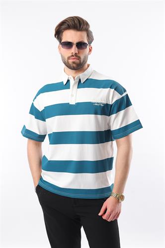 Petrol Mavisi Oversize Renk Bloklu Polo Yaka Tişört E7120