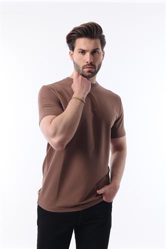 Kahverengi Bisiklet Yaka Basic Kısa Kollu Tişört 7042