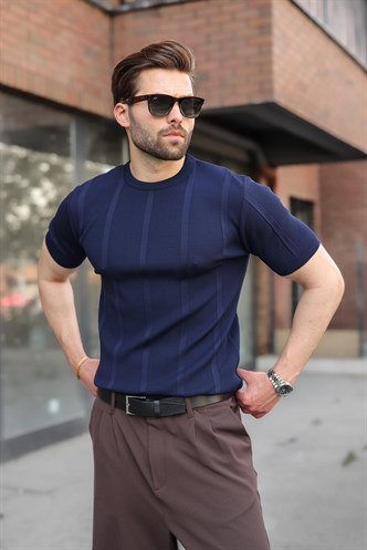 Lacivert Regular Fit Bisiklet Yaka Fitilli Triko Erkek Tişört E7490