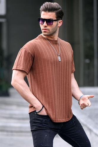 Kahverengi Oversize Bisiklet Yaka Erkek Tişört 6179