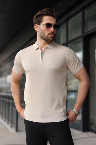 Taş Rengi Yarım Fermuarlı Polo Yaka Triko Erkek Tişört E7459