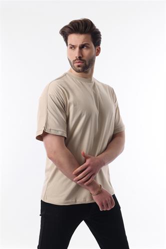 Erkek Vizon Oversize Şerit Detaylı Basic Tişört 7023