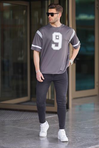 Füme Oversize Bisiklet Yaka Baskılı Tişört 6200