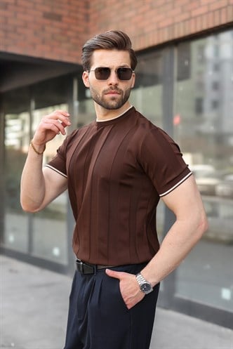 Kahverengi Bisiklet Yaka Regular Fit Triko Erkek Tişört E7487