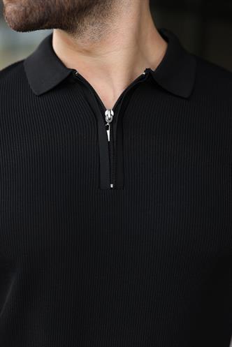Siyah Yarım Fermuarlı Polo Yaka Triko Erkek Tişört E7459