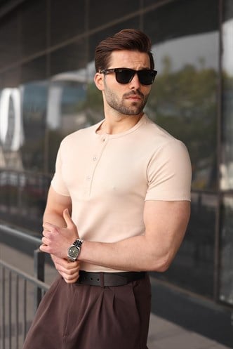 Bej Yarım Düğmeli Slim Fit Erkek Tişört E7186