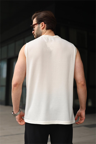 Ekru Bisiklet Yaka Jakarlı Kolsuz Erkek Tişört E7180