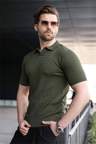 Haki Slim Fit Polo Yaka Triko Erkek Tişört E7472