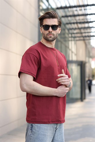 Bordo Nakış Detaylı Erkek T-shirt E7112