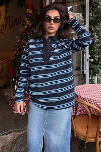 Lacivert Çizgili Düğmeli Polo Yaka Kadın Uzun Kollu Tişört  MG2587