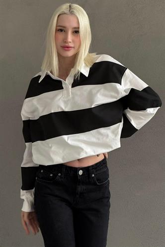 Beyaz Çizgili Düğmeli Polo Yaka Kadın Uzun Kollu Tişört  MG2586