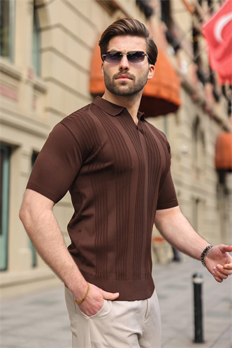 Kahverengi Polo Yaka Triko Erkek Tişört E7469