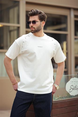 Ekru Baskılı Nakış Detaylı Erkek T-shirt E7108