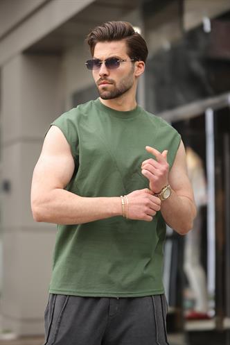 Haki Kolsuz %100 Pamuklu Basic Erkek T-shirt E7137