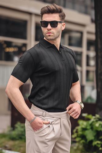 Madmext Erkek Siyah Polo Yaka Fermuarlı Tişört 6355