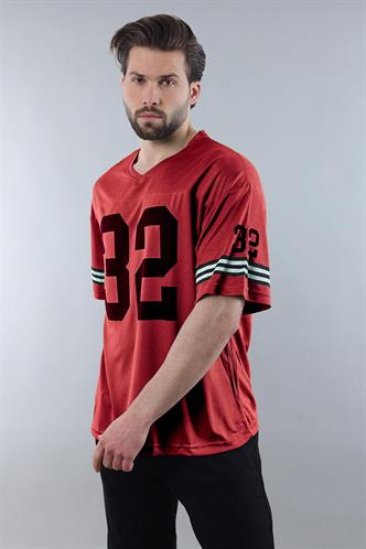 Bordo Baskılı V Yaka Erkek Tişört E5838