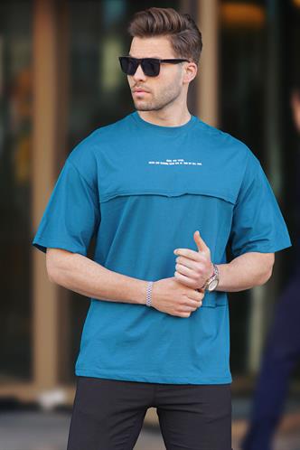 Petrol Mavisi Oversize Baskılı Bisiklet Yaka Tişört 7017