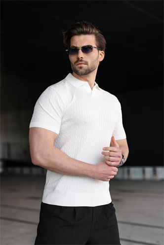 Beyaz Slim Fit Polo Yaka Triko Erkek Tişört E7472