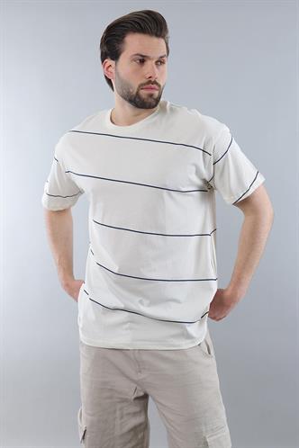 Ekru Bisiklet Yaka Basic Çizgili Erkek T-shirt E7102