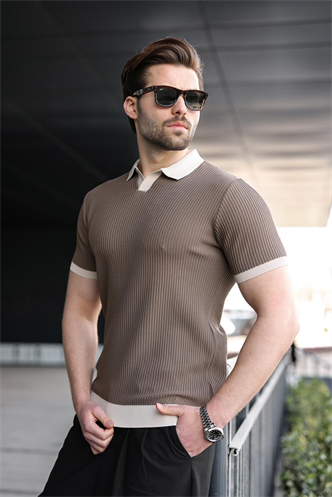 Açık Kahverengi Polo Yaka Triko Erkek Tişört E7464