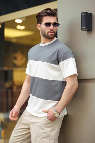 Füme Oversize Renk Bloklu Bisiklet Yaka Tişört 7020