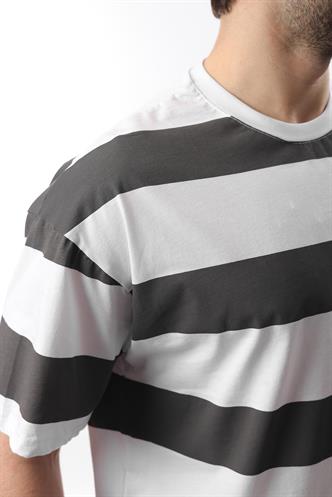 Füme Oversize Renk Bloklu Bisiklet Yaka Kısa Kollu Tişört 7030