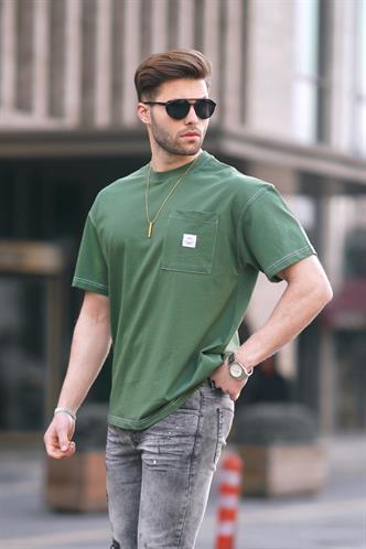 Haki Oversize Cep Detaylı Erkek Tişört 7001