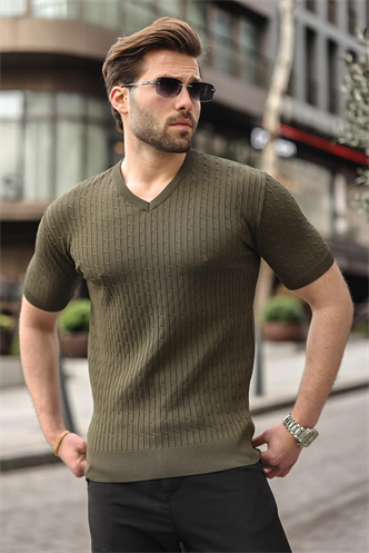 Haki V Yaka Kısa Kollu Triko Erkek Tişört E7467