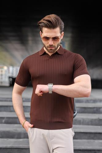 Kahverengi Polo Yaka Triko Erkek Tişört E7461
