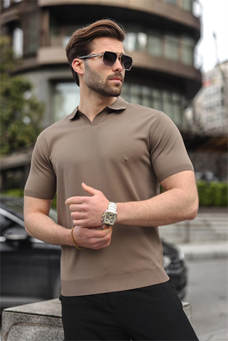 Açık Kahverengi Polo Yaka Triko Kısa Kollu Erkek Tişört E7463